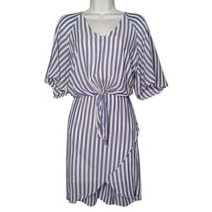 BELLE SKY Blue White Stripe Front Tie Short Sleeve Tulip Hem Dress Small
